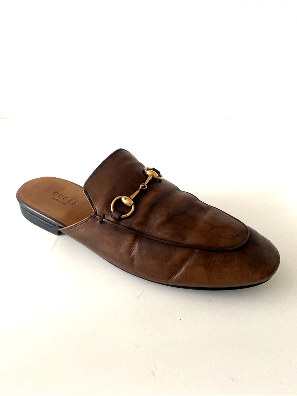 Gucci Princetown Horsebit Leather Flat Mules Brown Gold Round toe Slip On 39